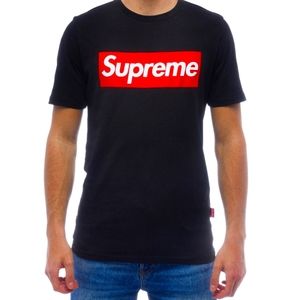 Supreme black T with red Logo.